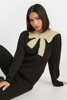 Джемпер с бантом и интарсией Pixiegirl Petite, черный