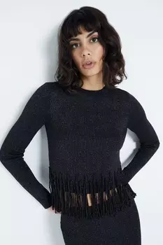 Джемпер с длинными рукавами и бахромой River Island, черный
