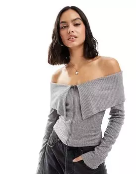 Джемпер с длинными рукавами и открытыми плечами, молния спереди, серый Brave Soul