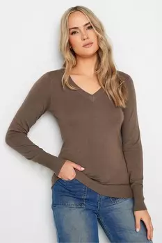 Джемпер с длинными рукавами и V образным вырезом Long Tall Sally, коричневый