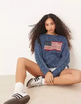 Джемпер с флагом Polo Ralph Lauren в косичке светло-голубого цвета