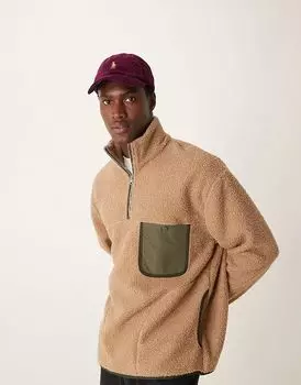 Джемпер с контрастной отделкой и четвертной молнией бежевого цвета Mango