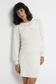 Джемпер с круглым вырезом и бантом из жемчуга River Island, бежевый