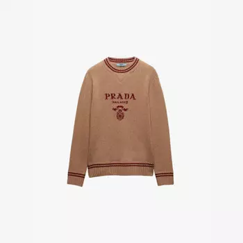 Джемпер с круглым вырезом и логотипом из смеси шерсти и кашемира Prada, коричневый
