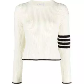 Джемпер с круглым вырезом и полосками 4 Bar Stripes, вязаный косами THOM BROWNE, белый