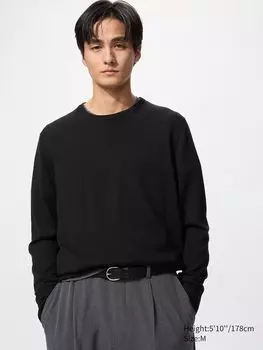 Джемпер с круглым вырезом из 100% мериносовой шерсти Uniqlo, цвет 09 черный