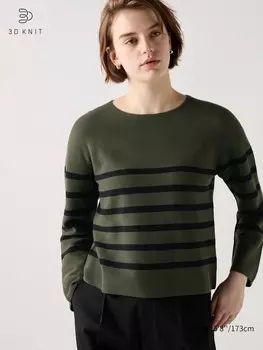Джемпер с круглым вырезом из хлопка 3d-вязки в полоску Uniqlo, зеленый