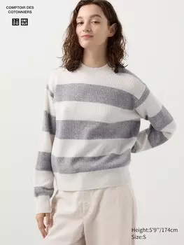 Джемпер с круглым вырезом из овечьей шерсти в полоску Uniqlo, белый