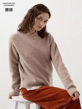 Джемпер с круглым вырезом из овечьей шерсти Uniqlo, бежевый