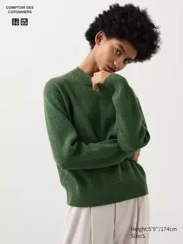 Джемпер с круглым вырезом из овечьей шерсти Uniqlo, зеленый
