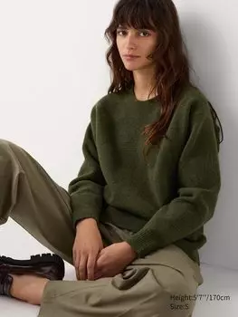 Джемпер с круглым вырезом из пряжи Souffl Uniqlo, оливковый