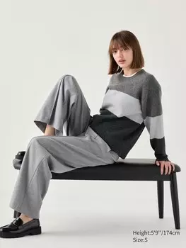 Джемпер с круглым вырезом из пряжи-суфле цветной блок Uniqlo, серый