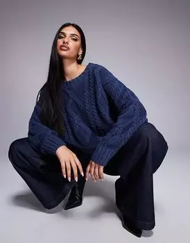 Джемпер с круглым вырезом, объемная вязка, темно-синий Princess Polly