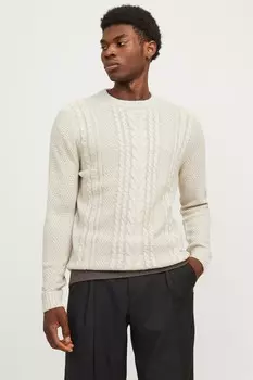 Джемпер с круглым вырезом, вязка косами Jack & Jones, белый