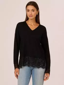 Джемпер с кружевным подолом с v-образным вырезом Adrianna Papell, черный