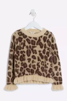 Джемпер с леопардовым принтом и оборками для девочек River Island, коричневый