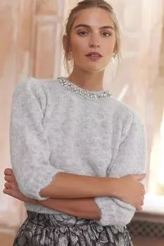 Джемпер с рукавами 3/4, украшенный драгоценными камнями Love & Roses, серый