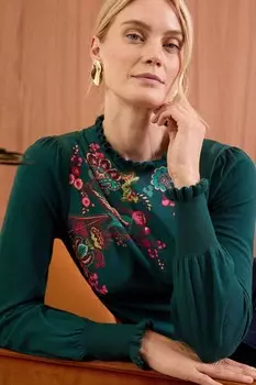 Джемпер с рукавами гофре из тонкого плетеного микса Love & Roses, зеленый