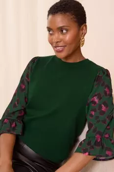 Джемпер с рукавами гофре из тонкого плетеного микса Love & Roses, зеленый