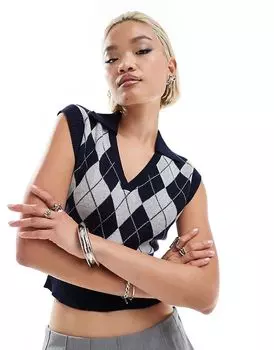 Джемпер с узором в виде аргайла и V-образным вырезом темно-синего цвета Emory Park