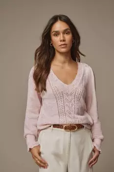 Джемпер с V образным вырезом и ажурной отделкой Laura Ashley, розовый