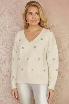 Джемпер с V образным вырезом и пайетками в форме сердца Yumi, бежевый