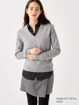 Джемпер с V-образным вырезом из 100% кашемира Uniqlo, цвет 03 серый
