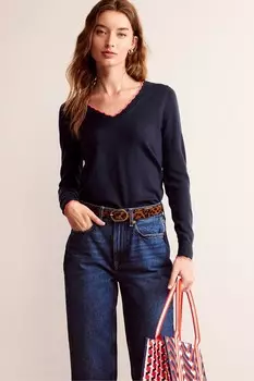 Джемпер с V образным вырезом из мериносовой шерсти Boden, синий