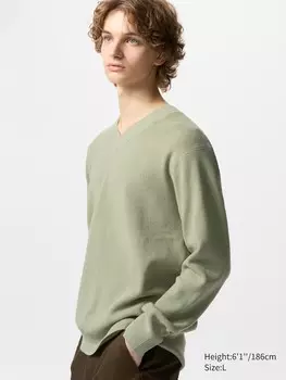 Джемпер с вафельным узором и V-образным вырезом Uniqlo, цвет 53 зеленый