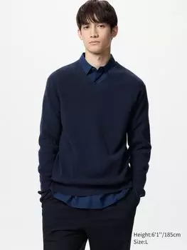 Джемпер с вафельным узором и V-образным вырезом Uniqlo, цвет 69 синий