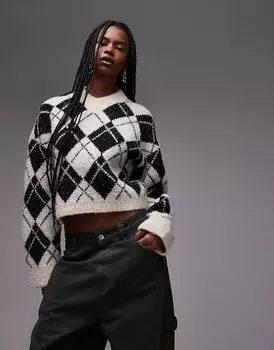 Джемпер с высоким V-образным вырезом, связанный ромбами, в моно Topshop