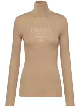 Джемпер с высоким воротником и логотипом Prada, коричневый