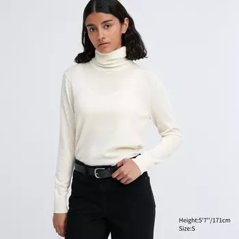 Джемпер с высоким воротником из 100% очень тонкой шерсти мериноса Uniqlo, кремовый