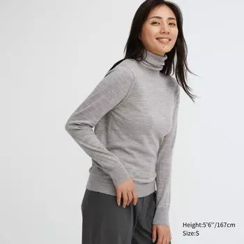 Джемпер с высоким воротником из 100% очень тонкой шерсти мериноса Uniqlo, серый