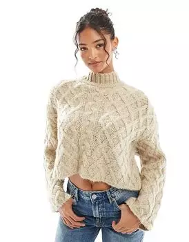 Джемпер с высоким воротом и крупной вязкой песочного цвета Bershka