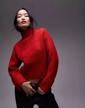 Джемпер с высоким воротом и объемной вязкой красного цвета Mango