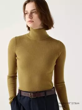 Джемпер с высоким воротом из мериноса в рубчик Uniqlo, желтый