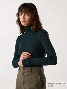 Джемпер с высоким воротом из мериноса в рубчик Uniqlo, зеленый