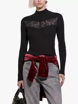 Джемпер с высоким воротом из смесовой шерсти с кружевной вставкой SISLEY, черный