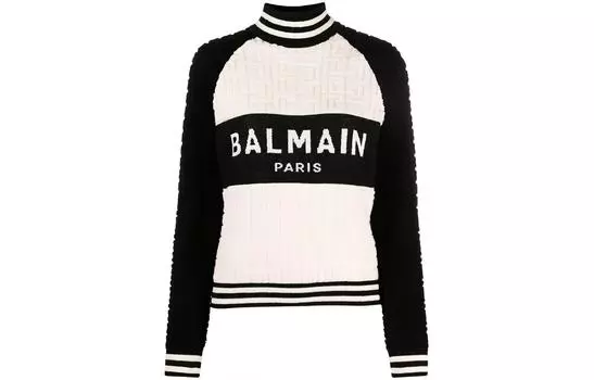 Джемпер с жаккардовым узором и монограммой с воротником-стойкой BALMAIN, черный/белый