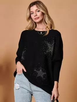 Джемпер со стразами и звездами Jolie Moi, черный