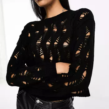 Джемпер Stradivarius Destroyed Open Knit, черный