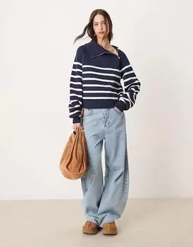 Джемпер свободного кроя с асимметричным воротником-молнией в темно-синюю и белую полоску Pimkie