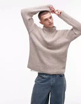 Джемпер свободного кроя с застежкой-молнией 1/4 цвета овса Topman
