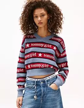 Джемпер Tommy Jeans Tommy Girl в полоску с V-образным вырезом синего и красного цвета
