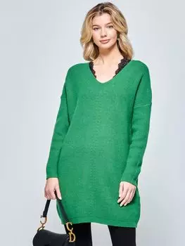 Джемпер-туника в рубчик с V-образным вырезом Jolie Moi, зеленый
