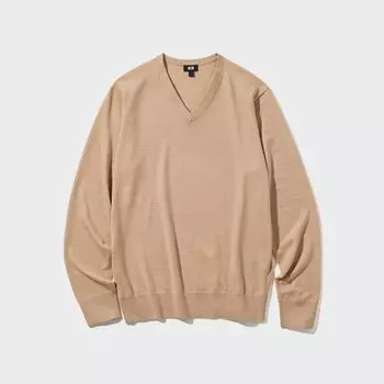 Джемпер Uniqlo мужской из шерсти мериноса с v-образным вырезом, бежевый