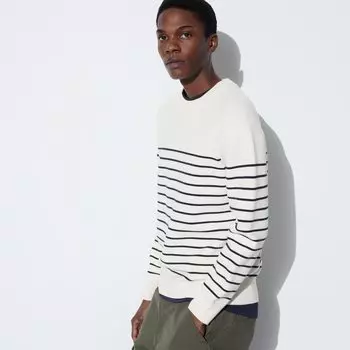 Джемпер Uniqlo мужской с круглым вырезом в полоску, молочный