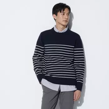 Джемпер Uniqlo мужской с круглым вырезом в полоску, темно-синий