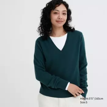 Джемпер Uniqlo женский из кашемира с v-образным вырезом мягкий, темно-зеленый